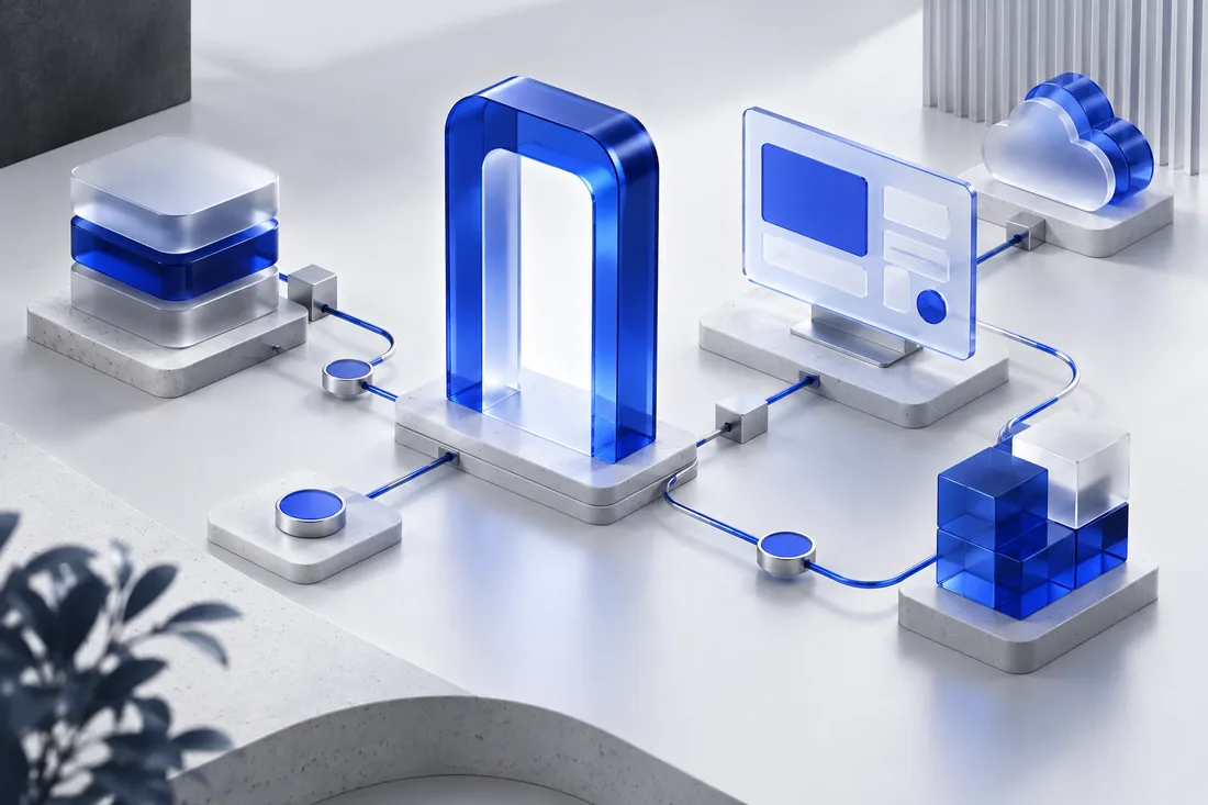 Driedimensionale illustratie van een kobaltblauwe poort die software, gegevens en systemen verbindt.