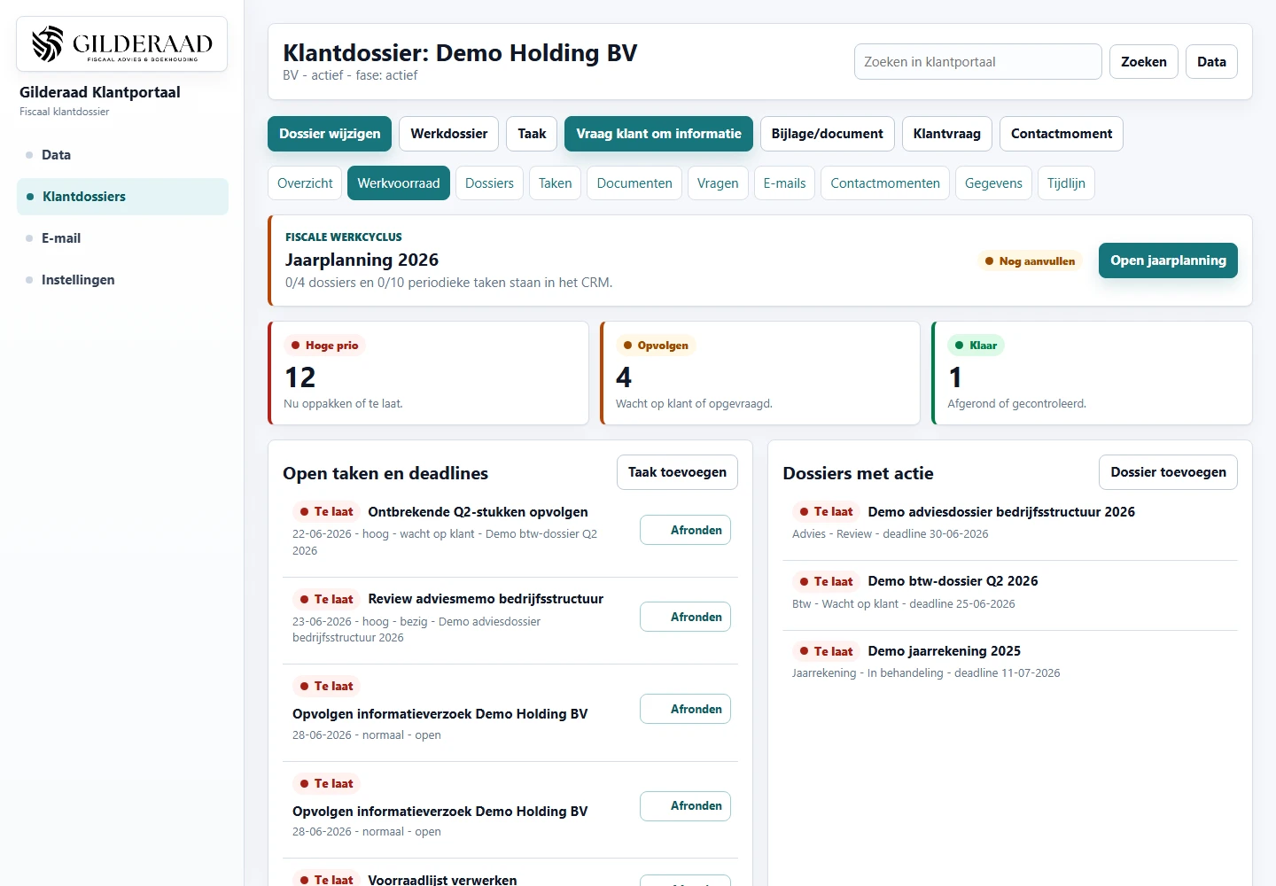Werkvoorraad in Gilderaad CRM met prioriteiten, open taken, deadlines en dossiers voor Demo Holding BV.