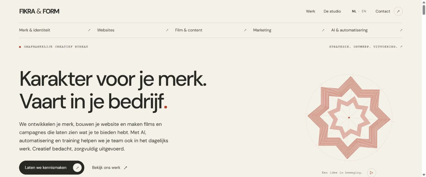 Fikra & Form homepage met merkverhaal, diensten en het geometrische merkelement.