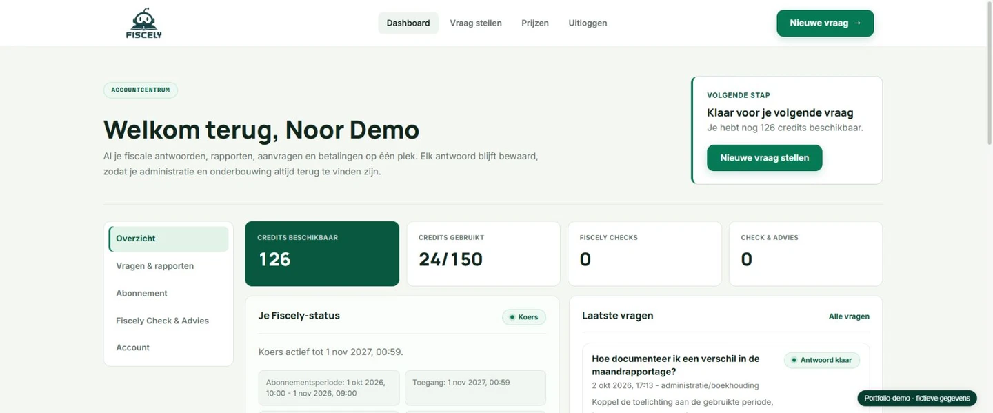Fiscely-dashboard voor Noor Demo met navigatie, accountoverzicht en de laatste vragen.