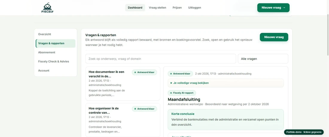 Fiscely-scherm met zoekfunctie, voorbeeldvragen en een geopend demonstratierapport.