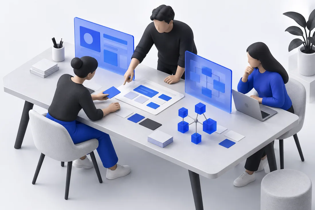 Driedimensionale illustratie van drie mensen die samen software en werkprocessen uitwerken.