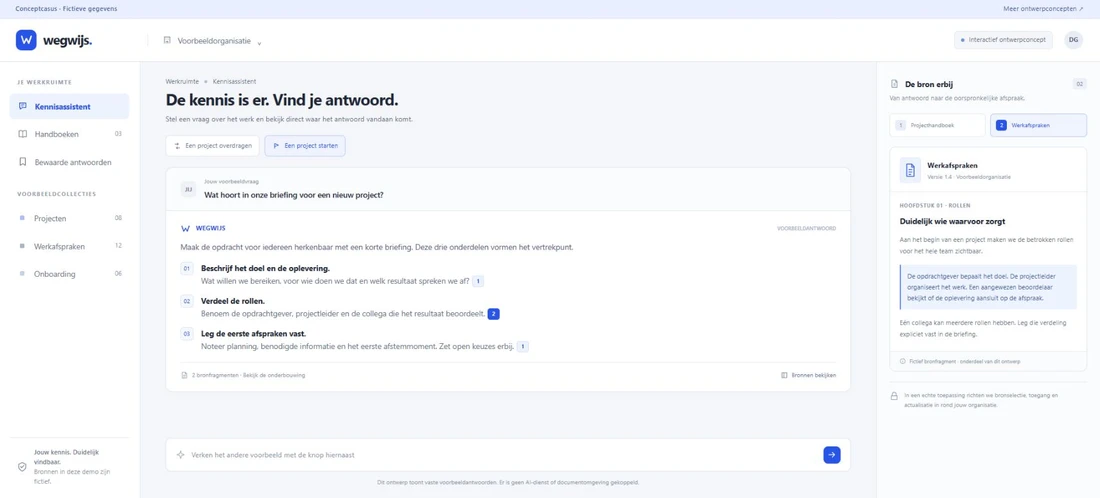 Wegwijs met een andere voorbeeldvraag over projectstart en een geopend fictief bronfragment over rolverdeling.